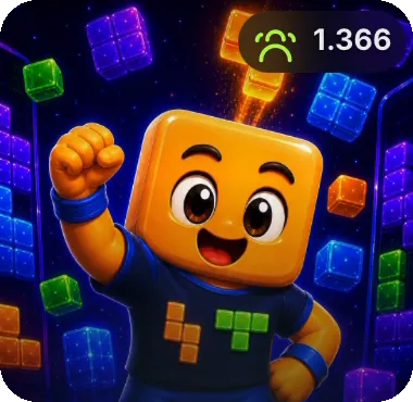 Cubie, personagem do Cubie Blast: um cubo laranja sorridente com camiseta azul-escura