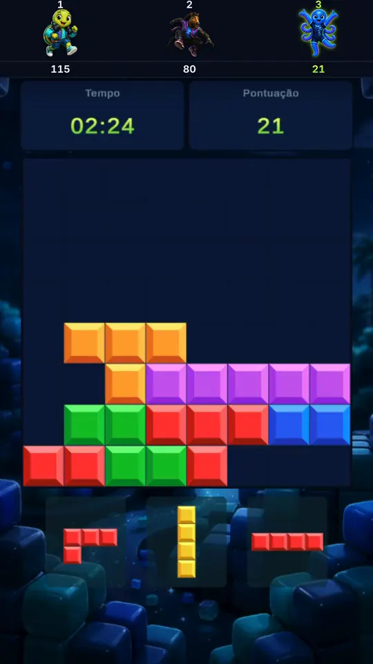 Tela de uma partida de Cubie Blast com placar dos jogadores, tempo, pontuação, tabuleiro e peças disponíveis